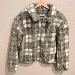 Angel Kiss Sage Green Plaid Sherpa Quarter Zip Pullover Size Medium